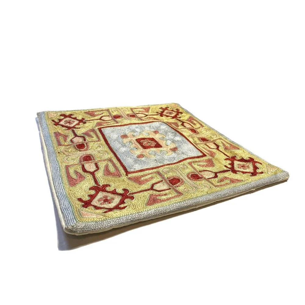Vintage Raised Hand Embroidered Sham Pillow Cover Beautiful Red Gold Blue Luxury